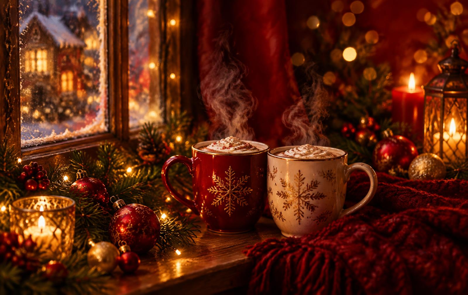 Two Christmas mugs by a window
